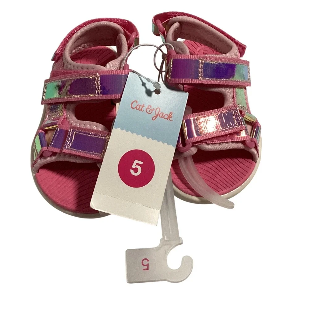 Cat & Jack Sandals Girl's Size‎ 5 Pink Iridescent Straps Hook & Loop Closure
